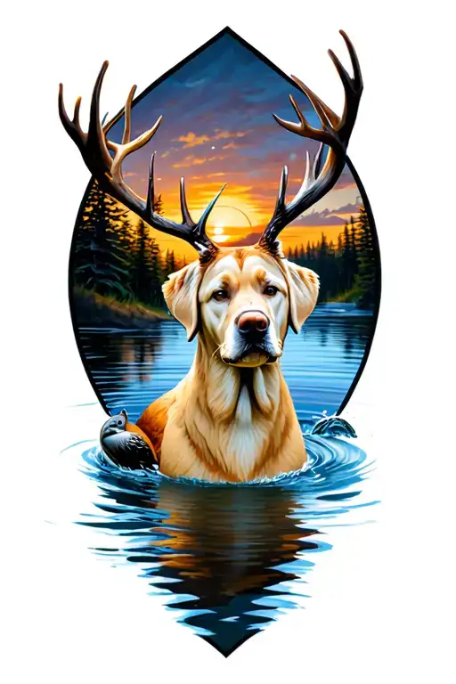 Deer Yellow Labrador Duck Sunrise Water