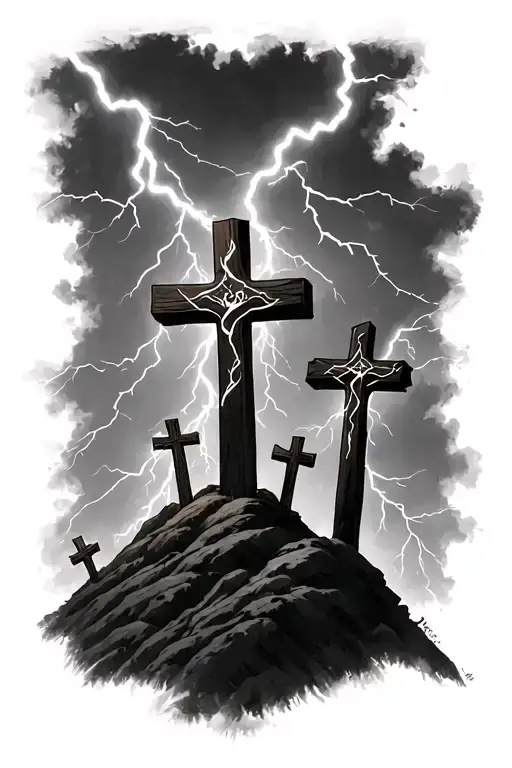 3 Crosses On A Hill With Lightning Bolts
