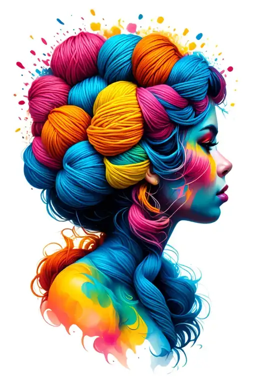 Side Profile Female Face With Yarn Exploding Out Of Head Colorful