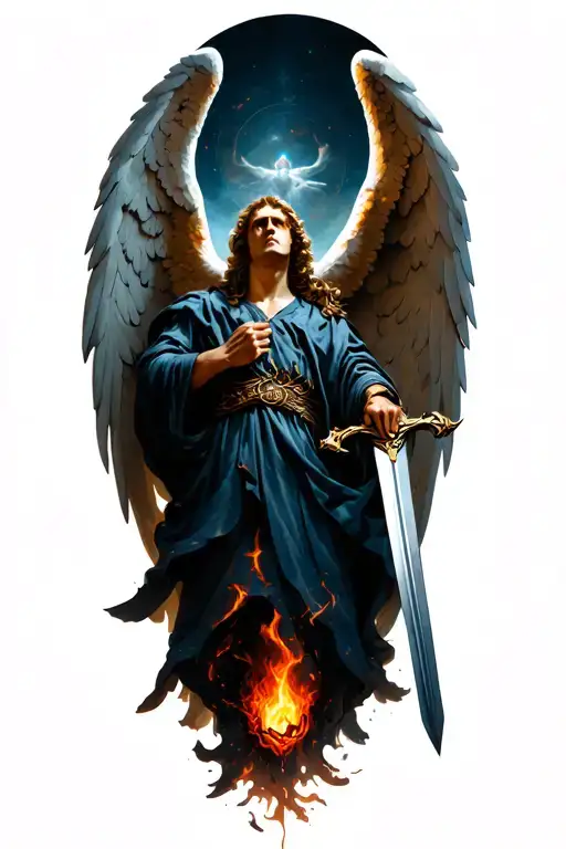Angel Holding A Sword Downward With Hell Beneath Him And Heaven Above