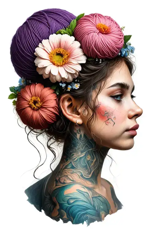 Flowers In Ball Of Yarn Inside Her Head
