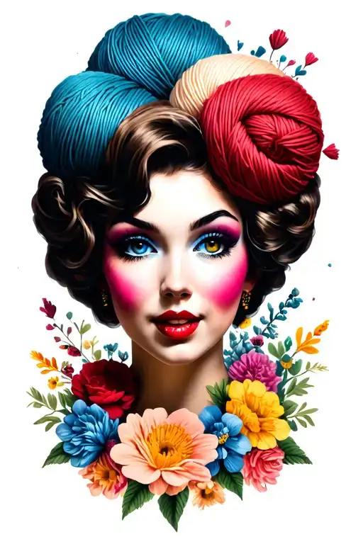 Pin Up Girl Face With Yarn Exploding Out The Top Of Head Surrounded By Flowers