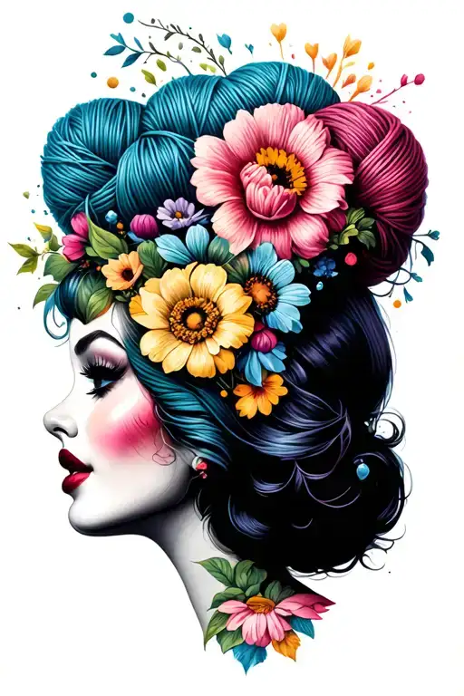 Pin Up Girl Face Side Profile With Yarn Exploding Out The Top Of Head Surrounded By Flowers