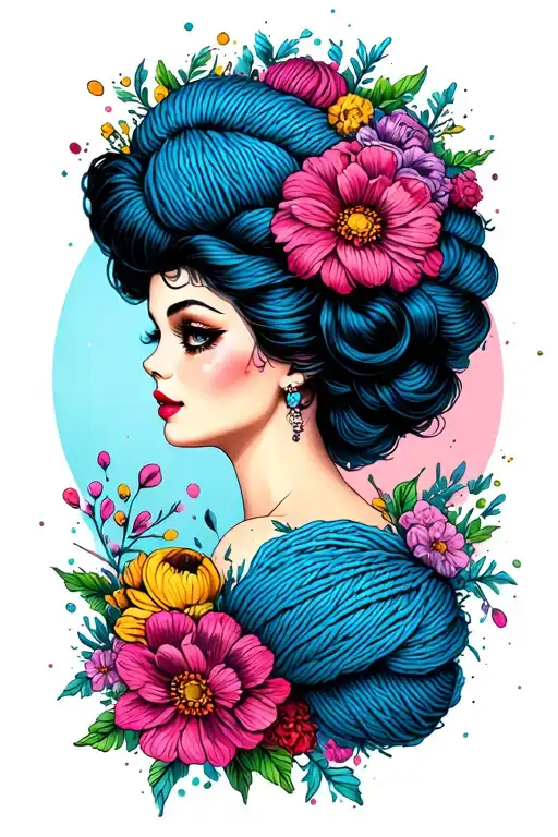 Pin Up Girl Face Side Profile With Yarn Exploding Out The Top Of Head Surrounded By Flowers