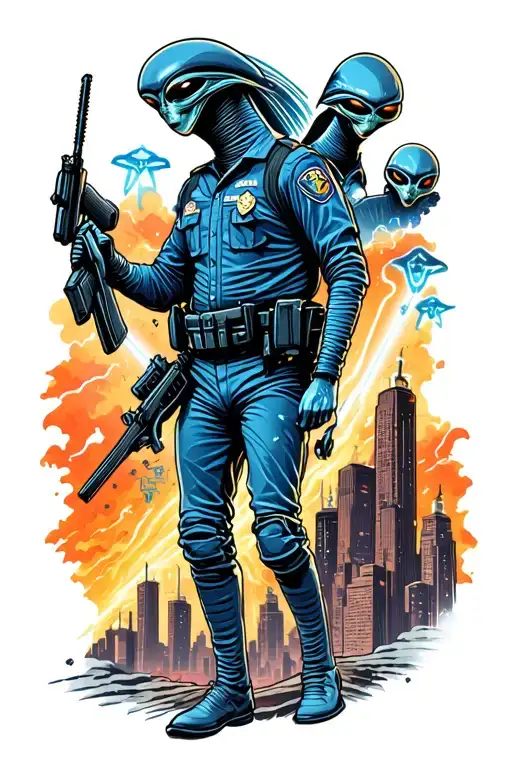 Aliens Abducting Police Roswell City In Background