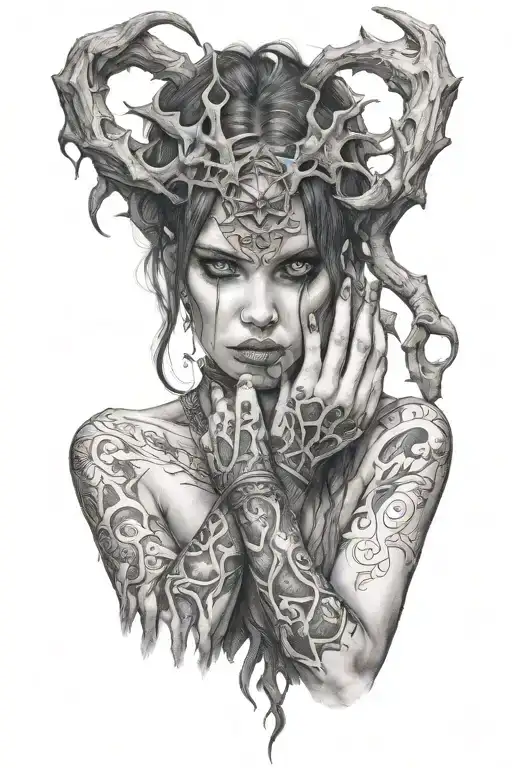 Face Of A Demonic Girl Her Hands Bound Together