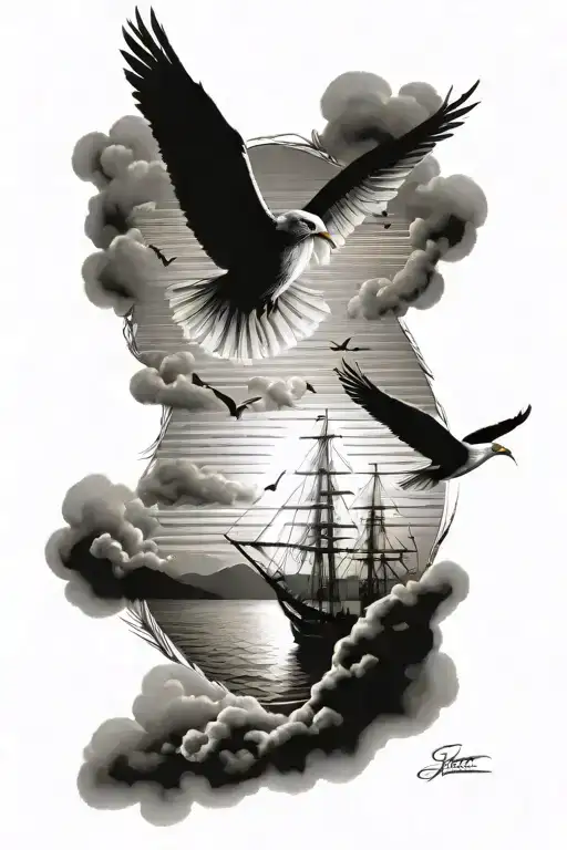 Sailor Ship Sailing Sunset Birds Flying Away