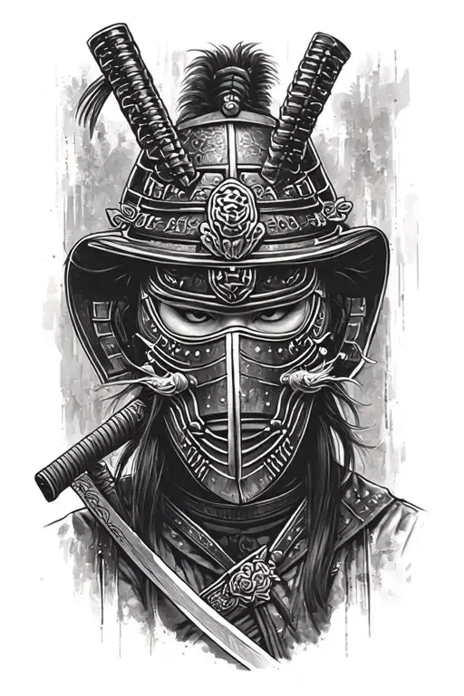 Samurai With Katana In Mask Black And White Tattoo Sketch Simple