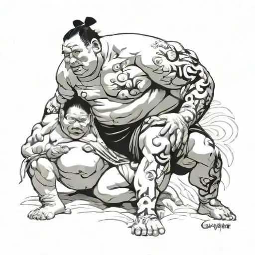 Grandfather On Top And One Sumo Wrestler And To Wrestlers
