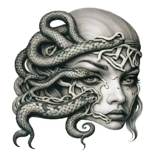 Medusa Tattoo Where Snakes Are Covering Her Mouth And Tears Coming Out Her Eyes