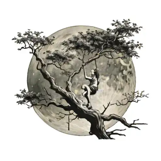 Girls Swinging From Tree With Giant Full Moon In Background