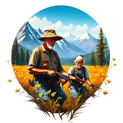 Eldery Man And Women Working In The Field Infront Of A Mountain