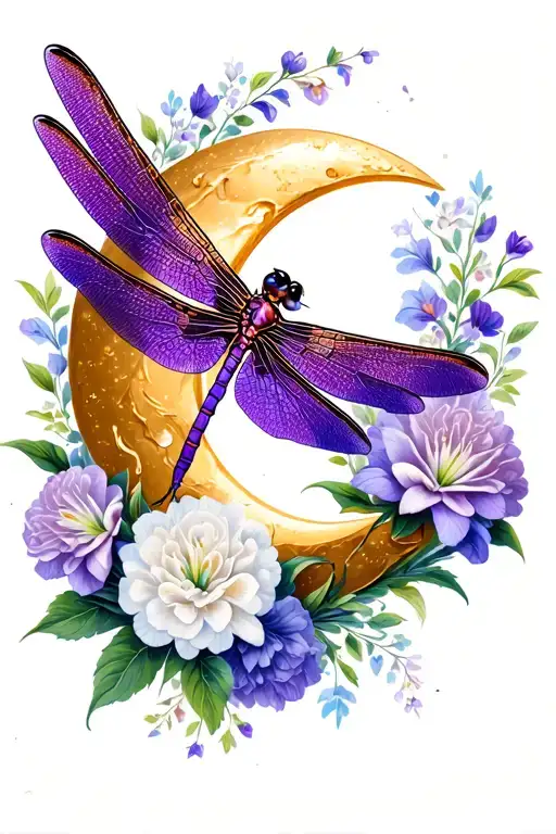 Dark Purple Dragonfly On A Crescent Moon With White And Light Purple Carnations And Lilies