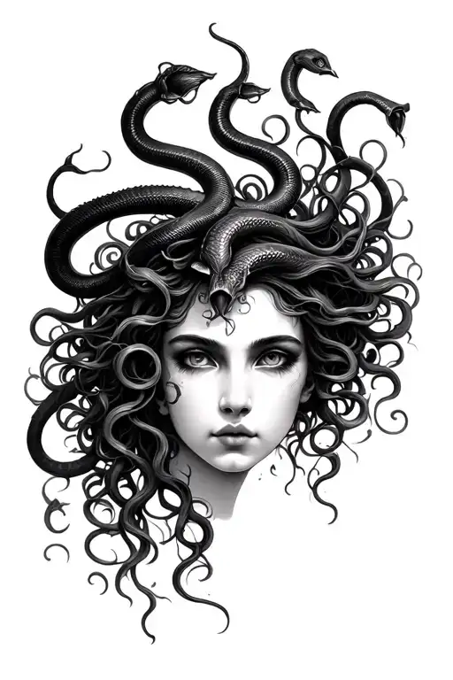 Beautiful Medusa Face With Serpent Hair And Black Callalillies