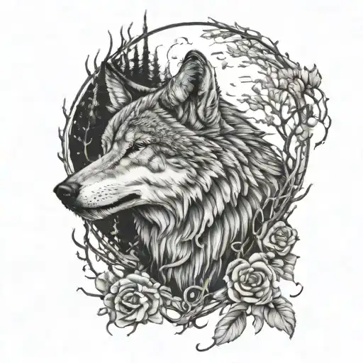 A Tattoo Design Featuring A Wolf Howling At The Moon Surrounded By Weeping Willows And Roses