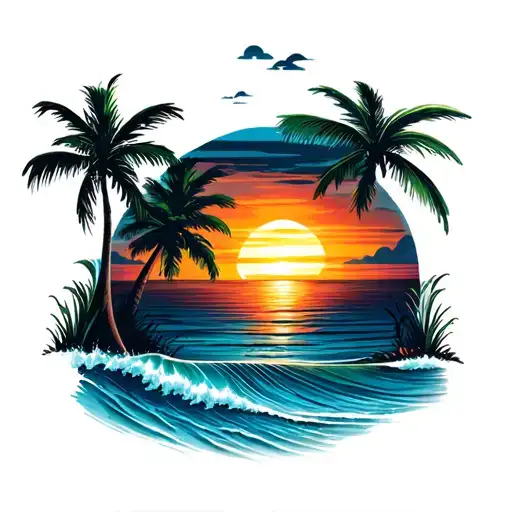 A Sunset On The Beach With Palm Trees And Waves