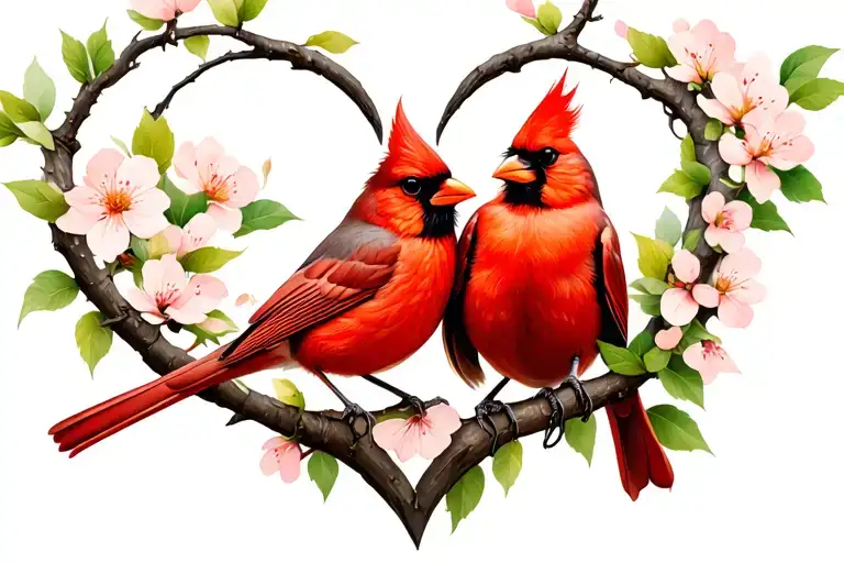 Male And Femal Cardinal Sitting In A Heart Msde By The Poplar Tree Branch And Its Flowers