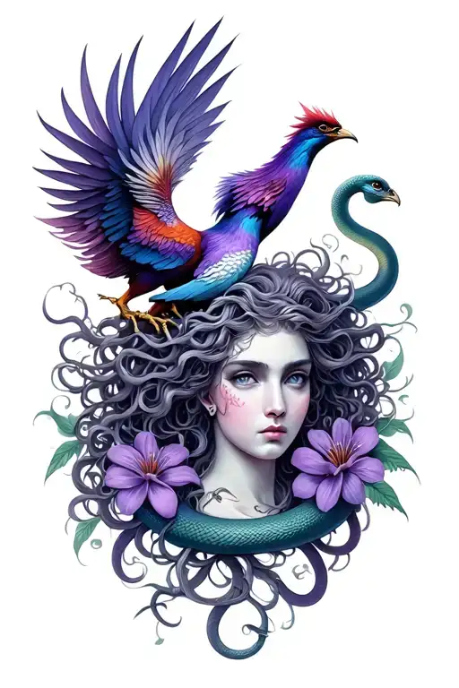Medusa Surrounded By Purple Flowers With A Pheonix Emerging From The Snakes