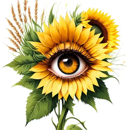 2 Sunflowers Tall Grass And Eyes In The Middle Surrounded