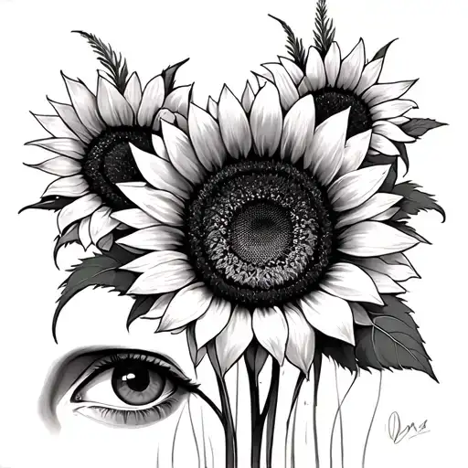 2 Sunflowers One On The Top One At The Bottom Tall Grass And Eyes In The Middle Surrounded