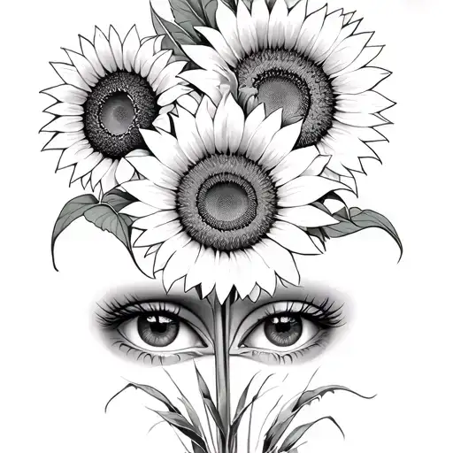 2 Sunflowers One On The Top One At The Bottom Tall Grass And Eyes In The Middle Surrounded