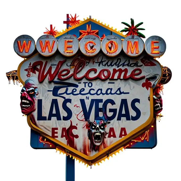 Scary Welcome To Las Vegas Sign With Scary Casino Mascots Around It
