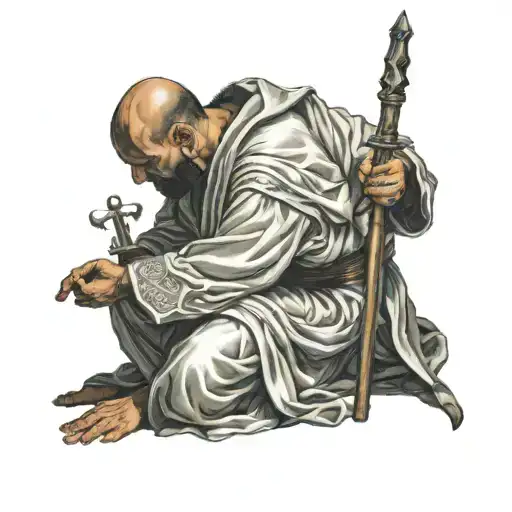 Kneeling Man In Robe Holding A Scepter