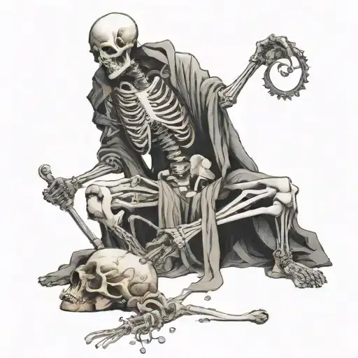 Kneeling Man In Robe Holding A Scepter Ressurecting Skeletons