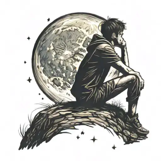 Silhouette Of A Lonely Boy Watching The Full Moon In The Starry Sky