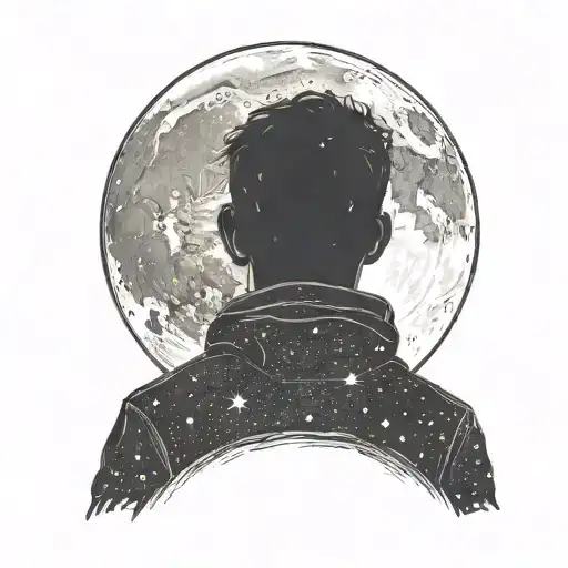 Silhouette Of A Lonely Boy Watching The Full Moon In The Starry Sky