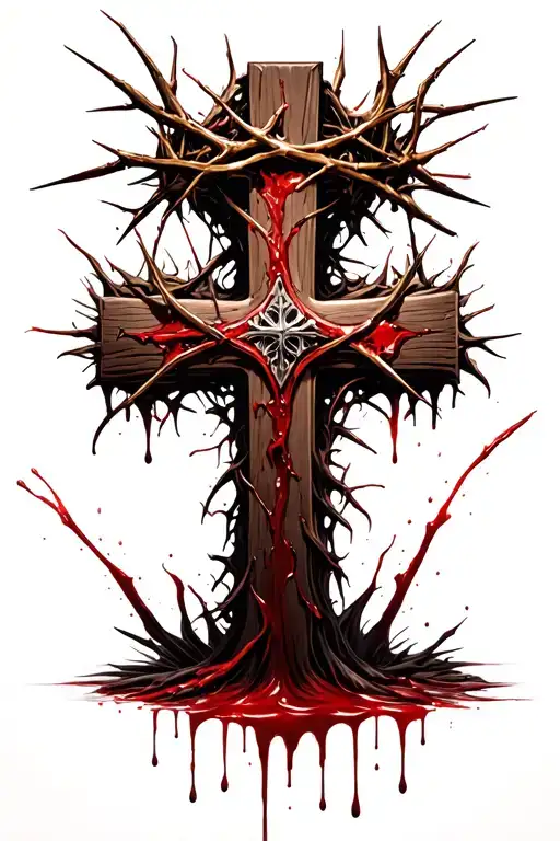 Cross With Crown Of Thorns Blood Dripping From The Crown To The Base