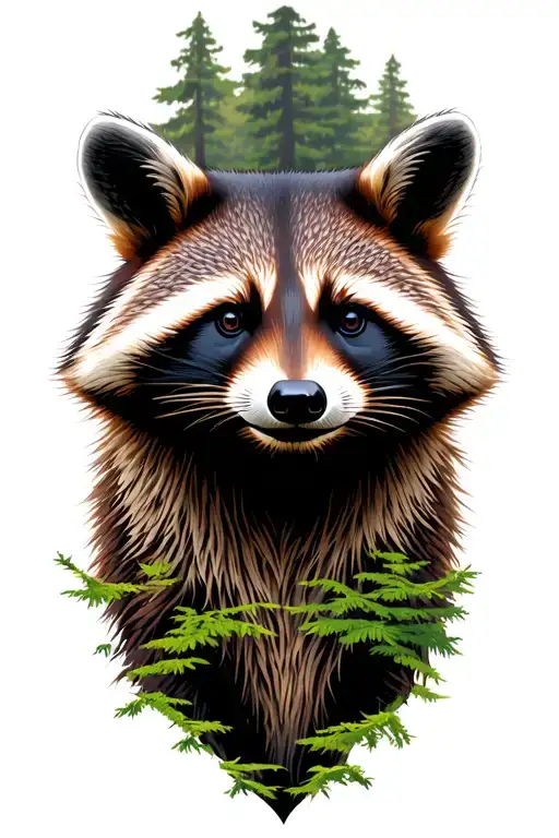 Massive Forest Landscape With Raccoon Face Side Profile Emerging From The Top