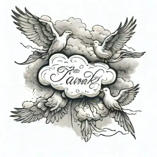 Name Written Inside Of A Cloud With Doves Flying