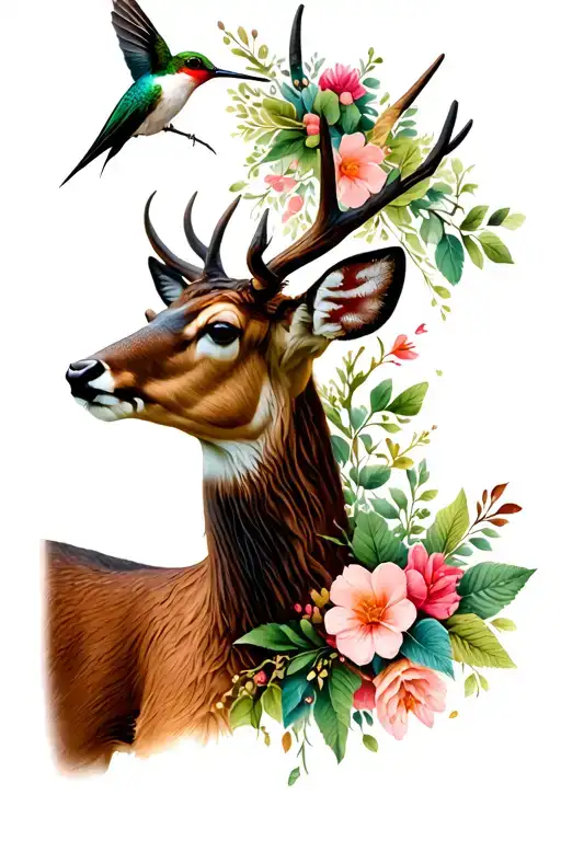 Deer And Hummingbird With Greenery And Flowers