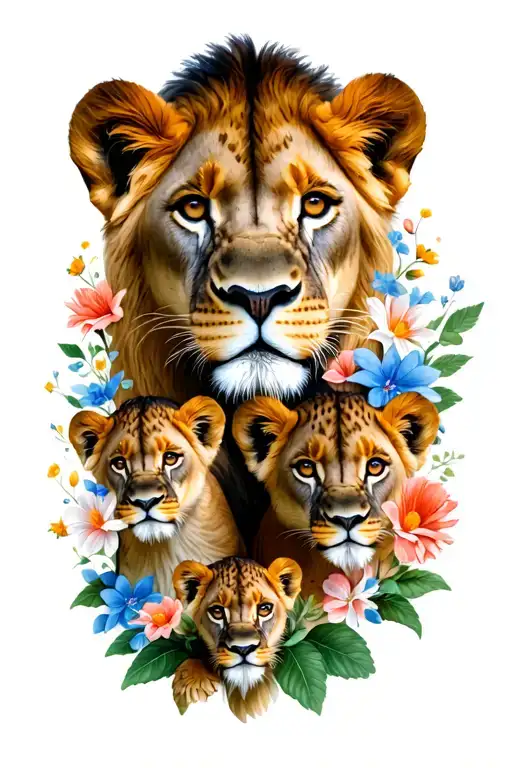 Lioness And 4 Cubs Face Only With Flowers Surrounding