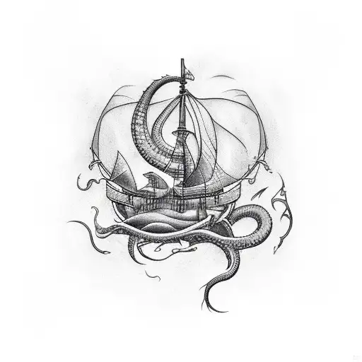 Kraken Underwater Attacking A Sailboat