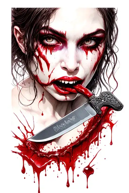 Vampire Girl Licking A Knife With Blood