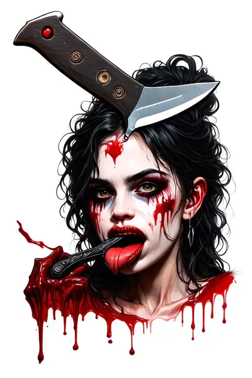 Vampire Girl Licking A Knife With Blood