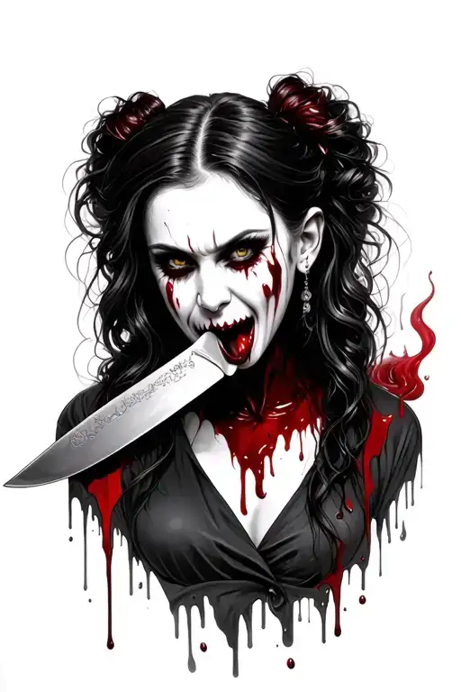 Vampire Girl Licking A Knife With Blood White And Grey