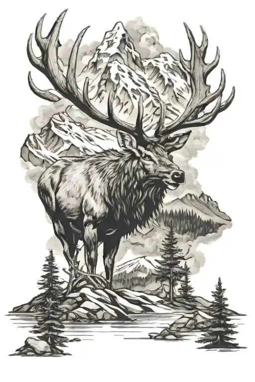 Elk And Mountains And Cross
