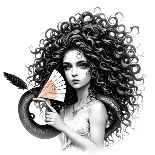 Medusa With Snake Hair Holding A Fan Of Bird Feather