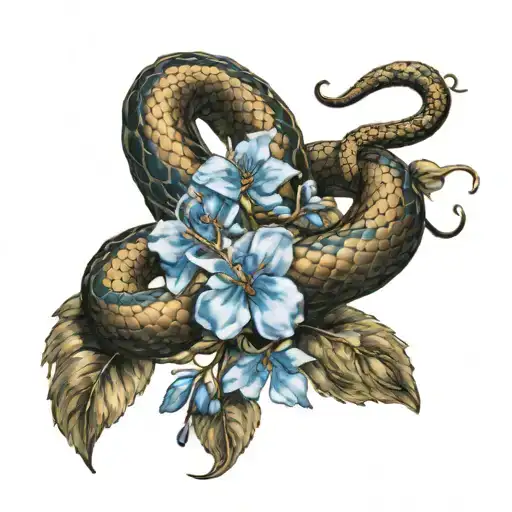 Snake Wrapped Around Forearm With A Blue Blossom Tree