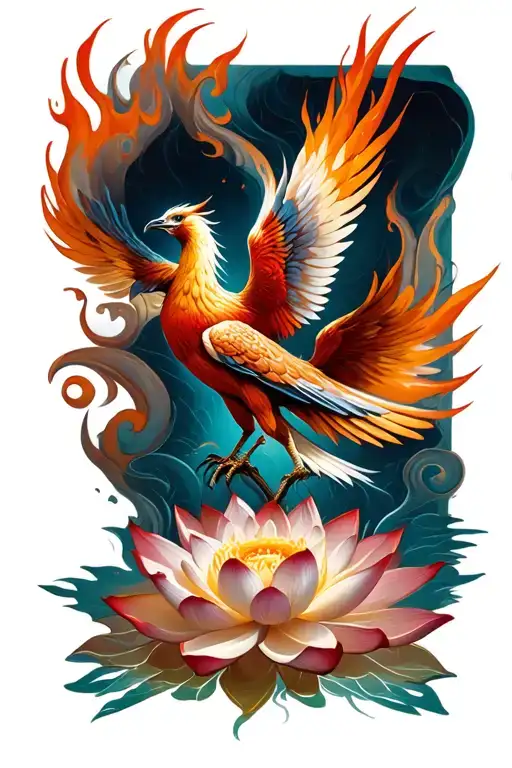 Phoenix Emerging From Lotus Flower Feature Swirls And Petal Flames No Frame
