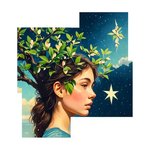 Girl Under Almond Tree With Shooting Star Sign