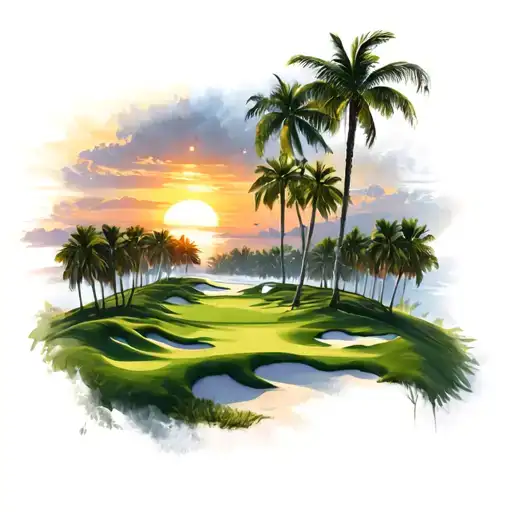 A Sunset Over A Golf Course With Palm Trees Made Of Gold