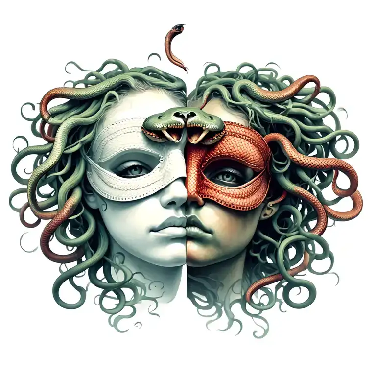 Medusa With Mask Half Happy Half Sad And Two Snakes