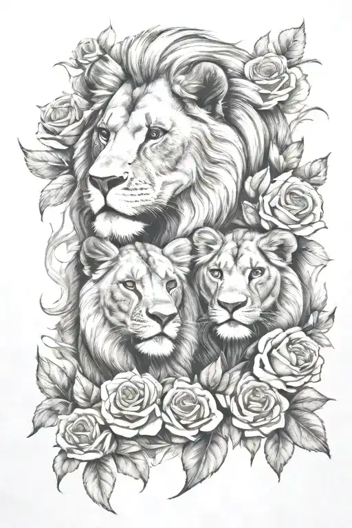 Father Son Lion And Cub With Roses