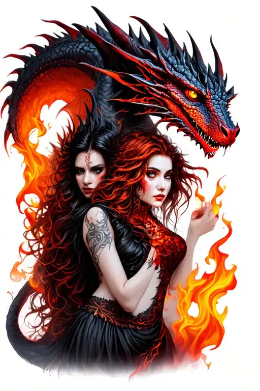 A Devil Woman And A Dragon With Flames Of Red