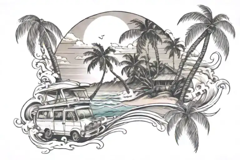 Surf Mood And Beach Scene With Palm