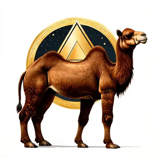 Realist Brown Camel Standing In Front Of A Gold Circle With A Gold Triangle Inside